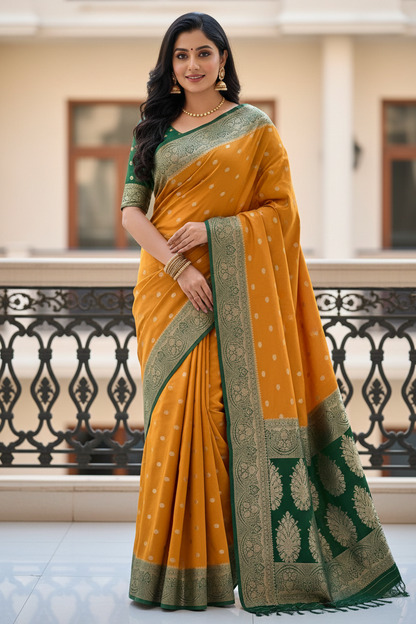 Yellow and Green Georgette Saree