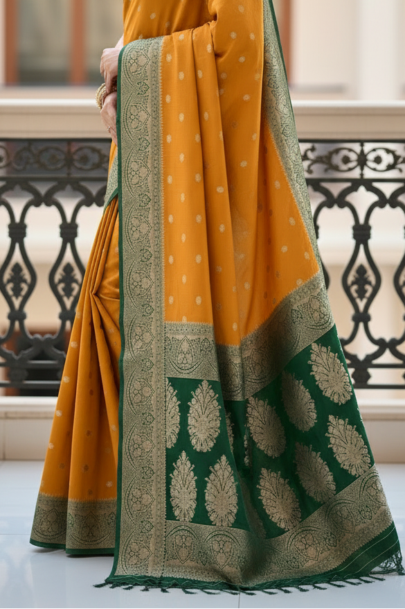 Yellow and Green Georgette Saree