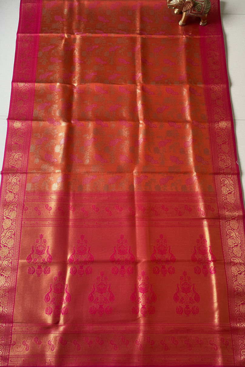 Orange & Pink Kanjivaram Soft Silk Saree