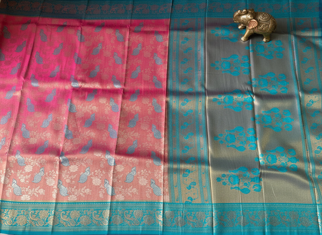 Dusty Rose & Teal Kanjivaram Soft Silk Saree