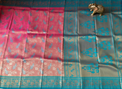 Dusty Rose & Teal Kanjivaram Soft Silk Saree