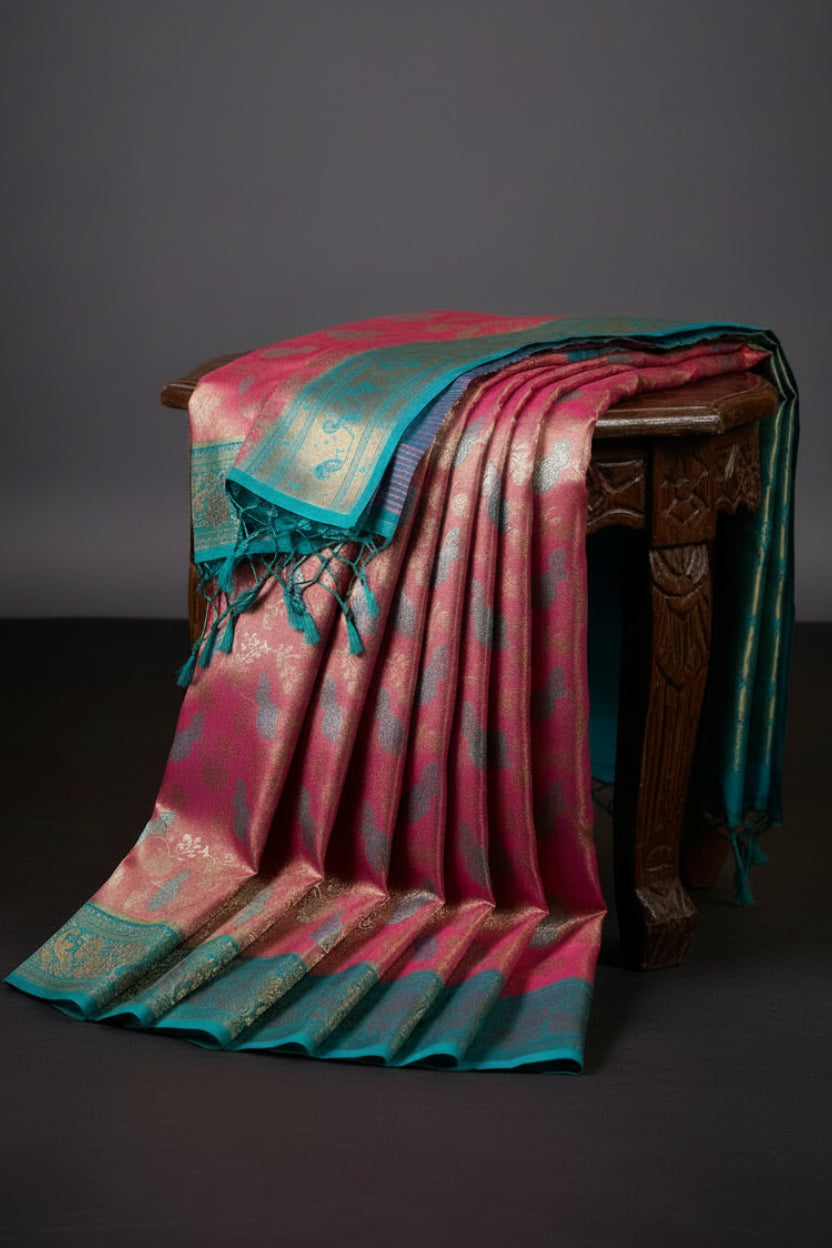 Dusty Rose & Teal Kanjivaram Soft Silk Saree