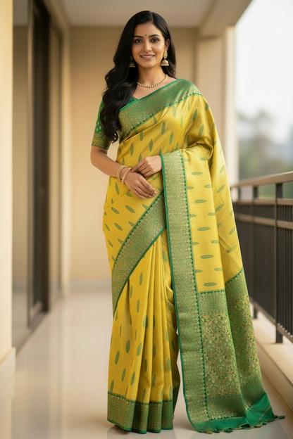 Yellow & Green Kanjivaram Soft Silk Saree