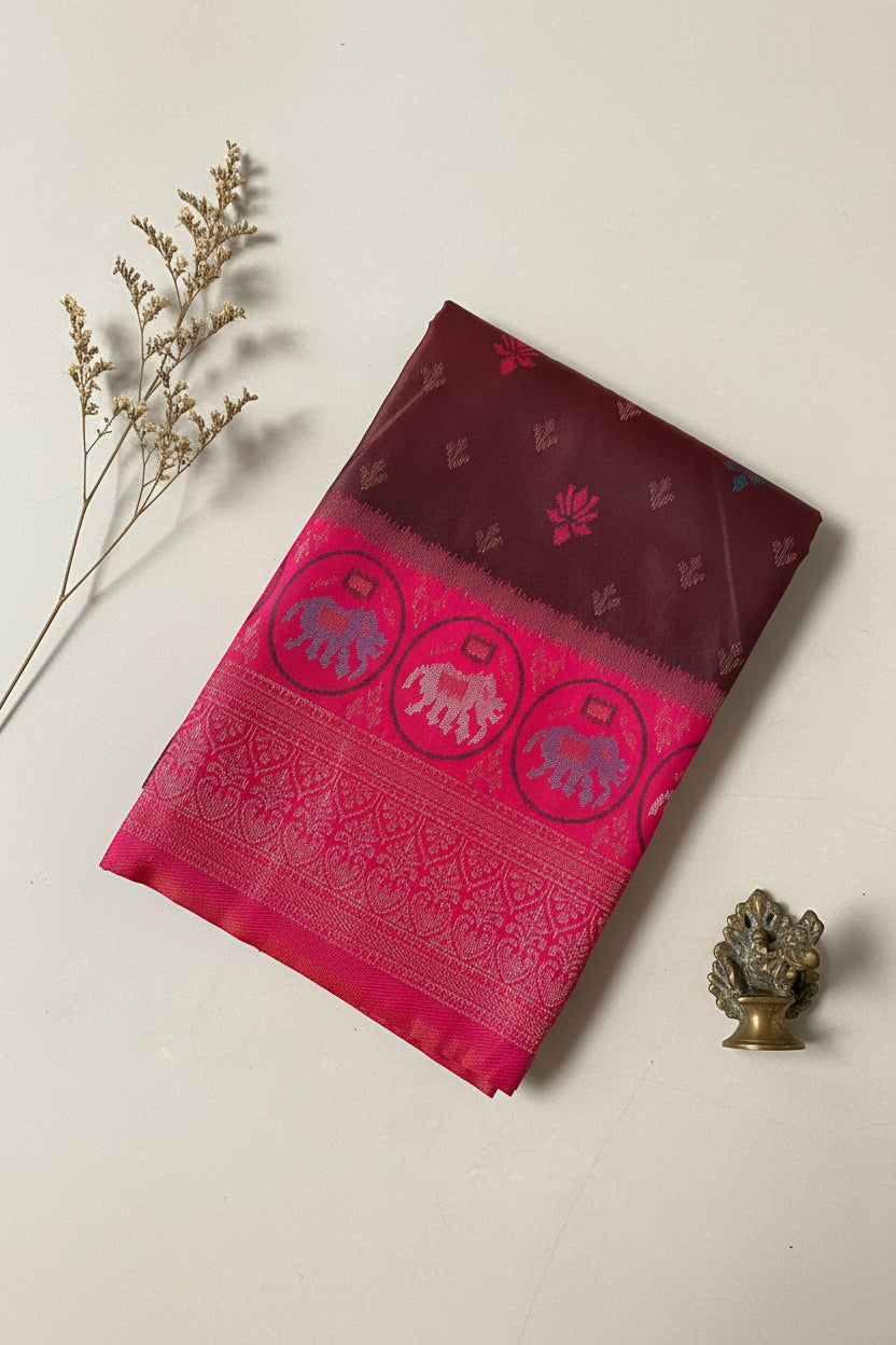 Brown & Pink Ikkat Silk Saree