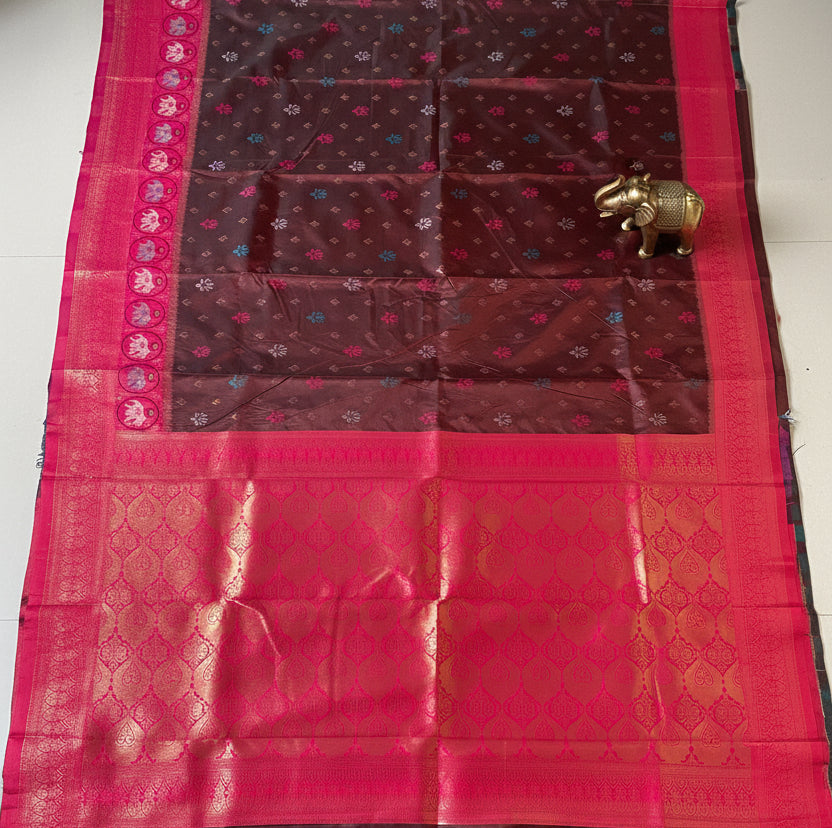 Brown & Pink Ikkat Silk Saree