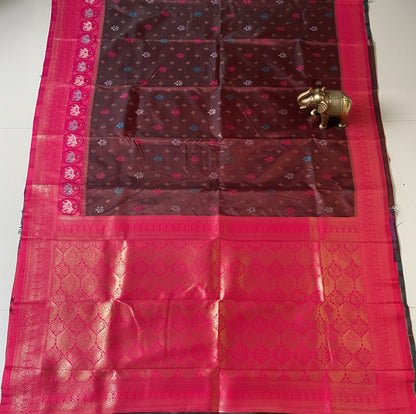 Brown & Pink Ikkat Silk Saree