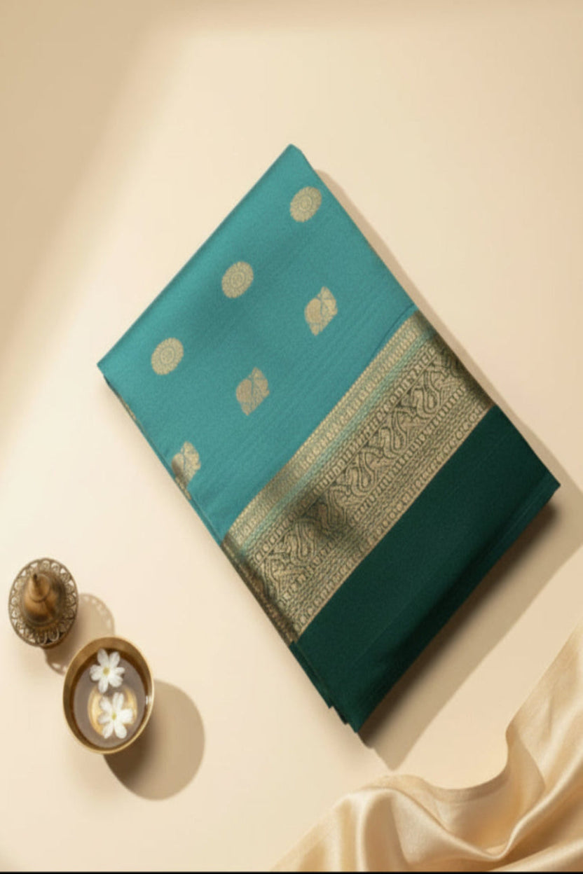 Turquoise Blue & green Mysore Crepe Saree