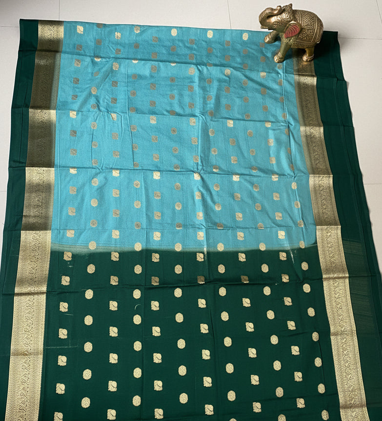 Turquoise Blue & green Mysore Crepe Saree