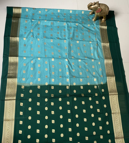 Turquoise Blue & green Mysore Crepe Saree