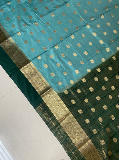 Turquoise Blue & green Mysore Crepe Saree