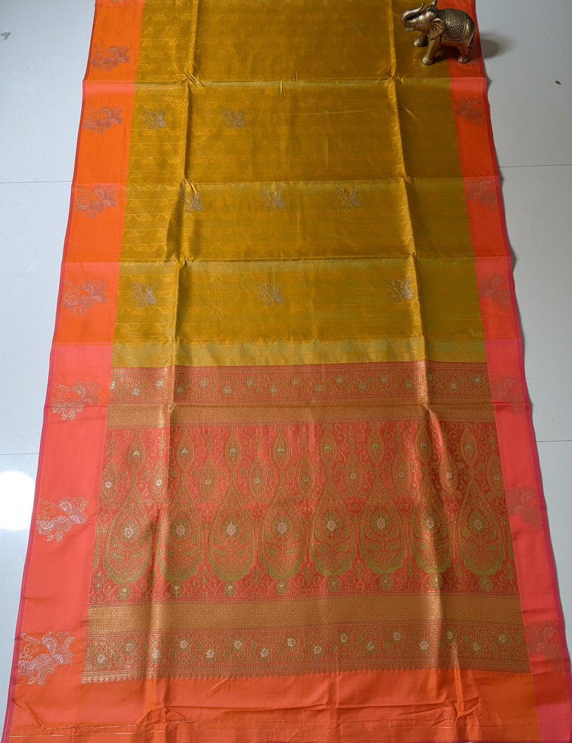Mustard Gold & Orange Silk Saree