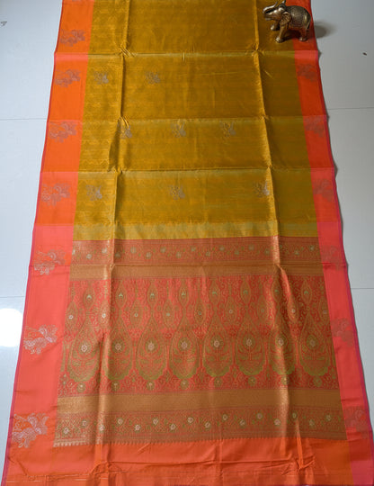 Mustard Gold & Orange Silk Saree