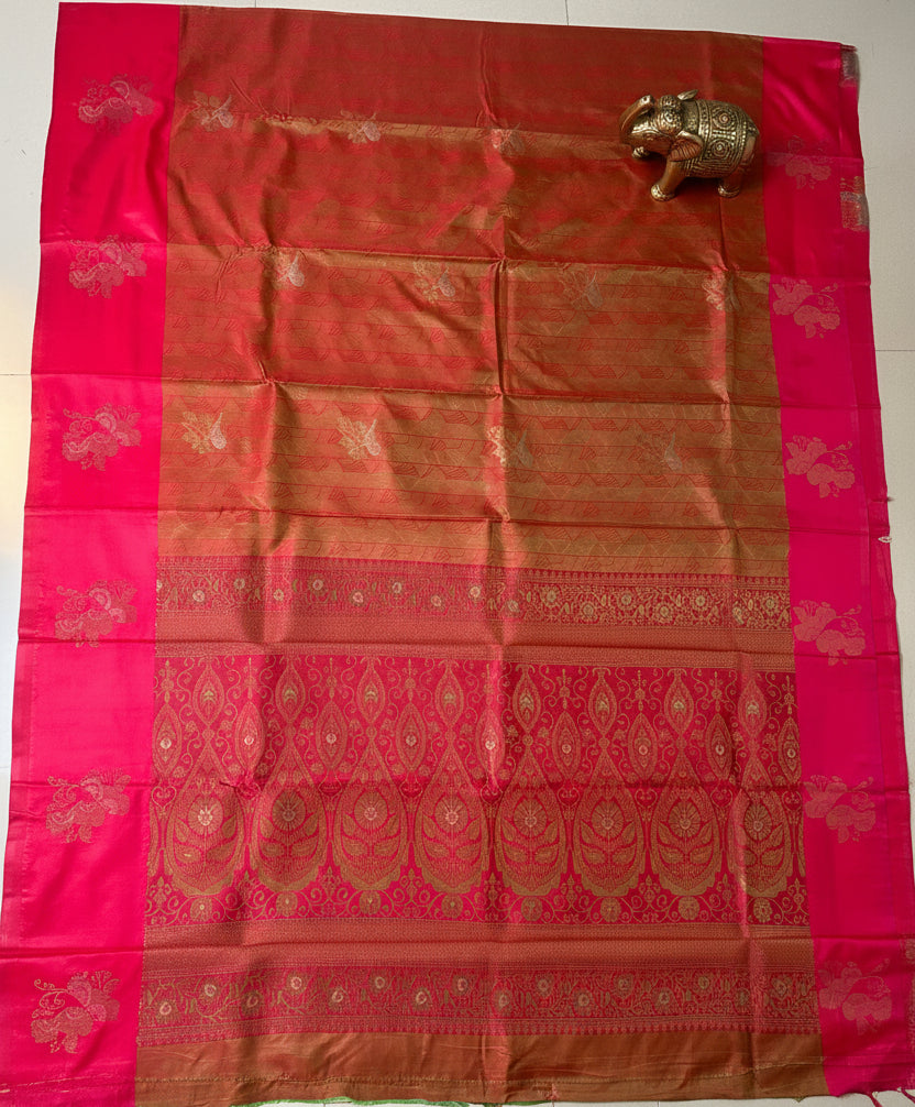 Copper brown & Pink Silk Saree