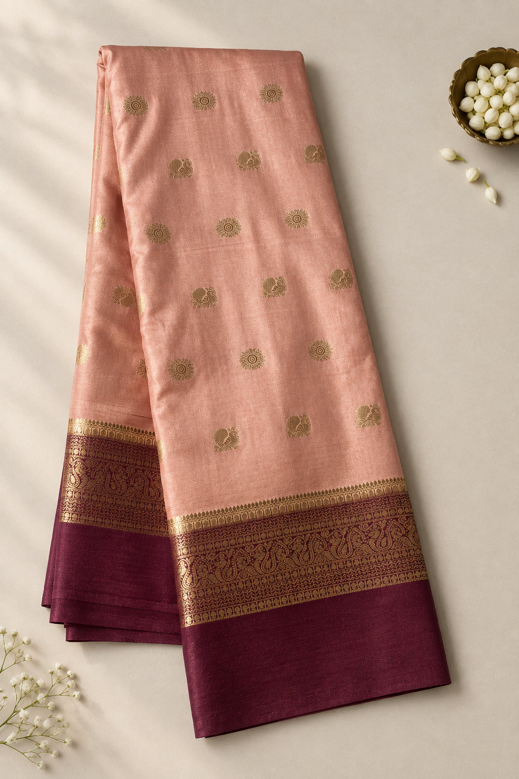 Peach & Wine Mysore Crepe Silk Saree