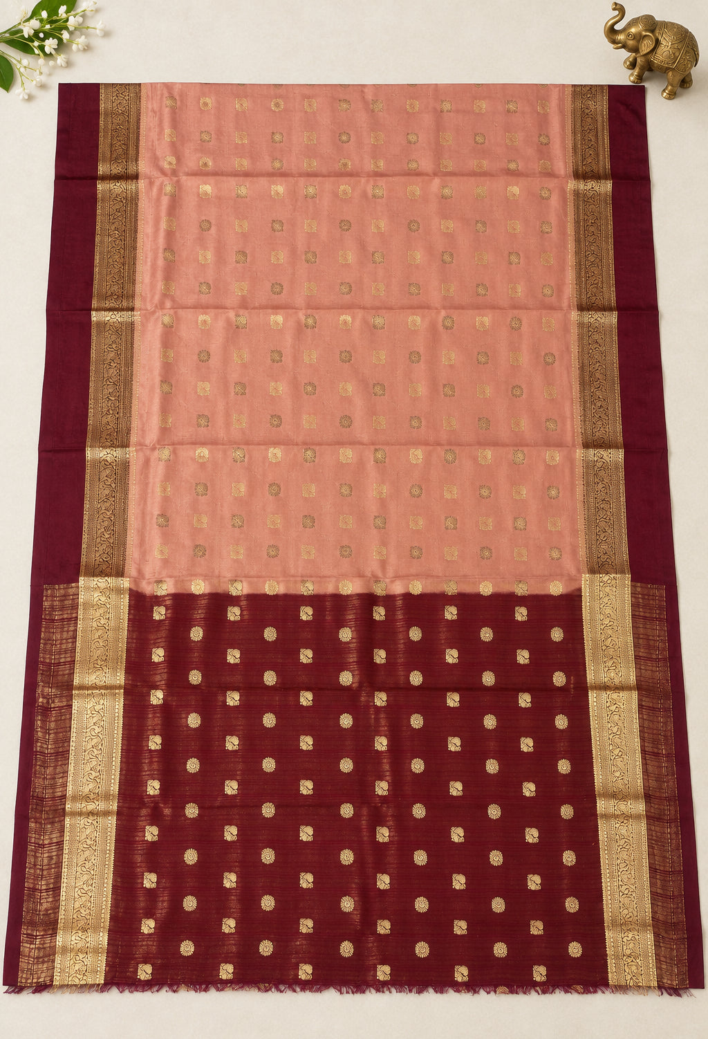 Peach & Wine Mysore Crepe Silk Saree