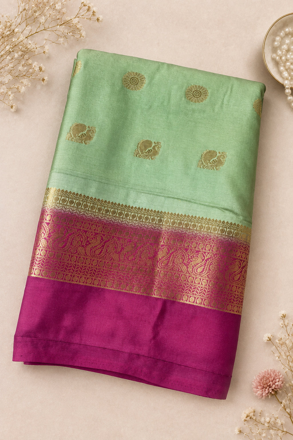 Green & Magenta Mysore Silk Saree
