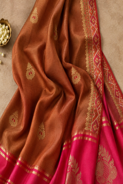Rosy gold & Pink Silk Saree