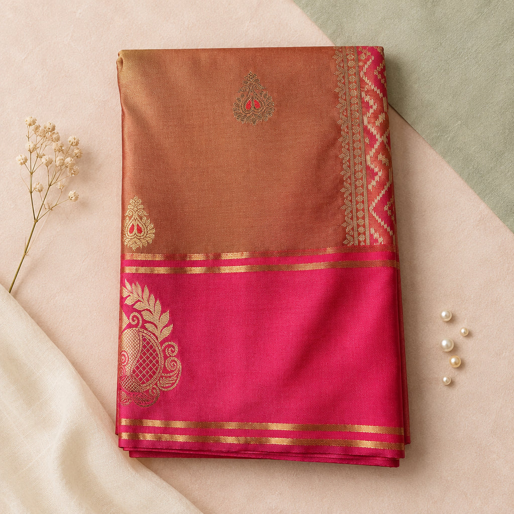 Rosy gold & Pink Silk Saree
