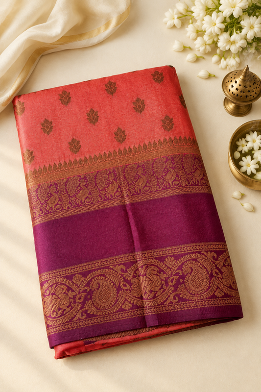 Coral pink & Magenta Mysore Silk Saree